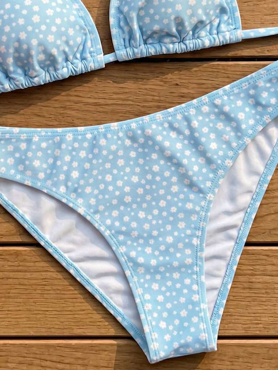 Swim Mod Women's Pink Polka Dot Print Halter Neck Low Waist Triangle Bikini Set, Summer Sexy Spring
