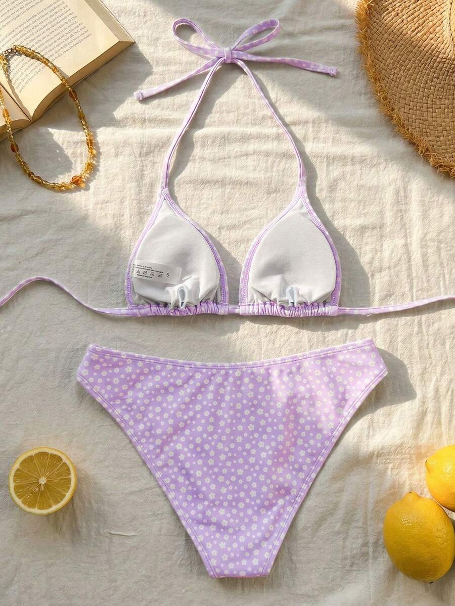 Swim Mod Women's Pink Polka Dot Print Halter Neck Low Waist Triangle Bikini Set, Summer Sexy Spring