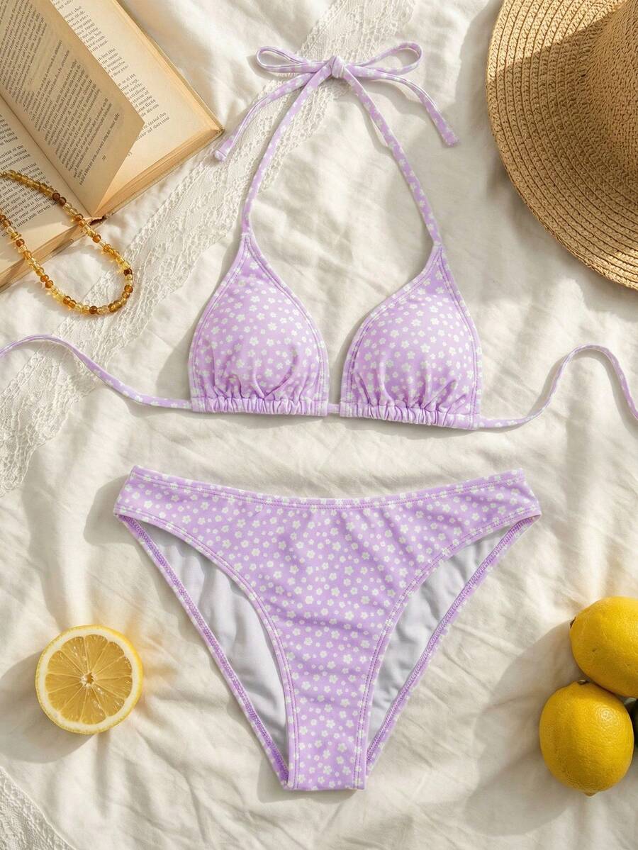 Swim Mod Women's Pink Polka Dot Print Halter Neck Low Waist Triangle Bikini Set, Summer Sexy Spring