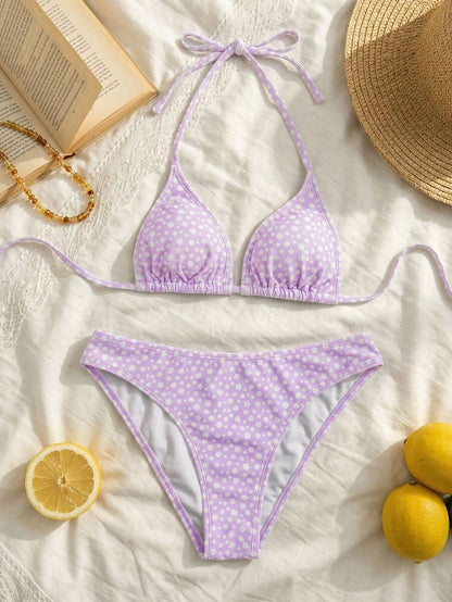 Swim Mod Women's Pink Polka Dot Print Halter Neck Low Waist Triangle Bikini Set, Summer Sexy Spring