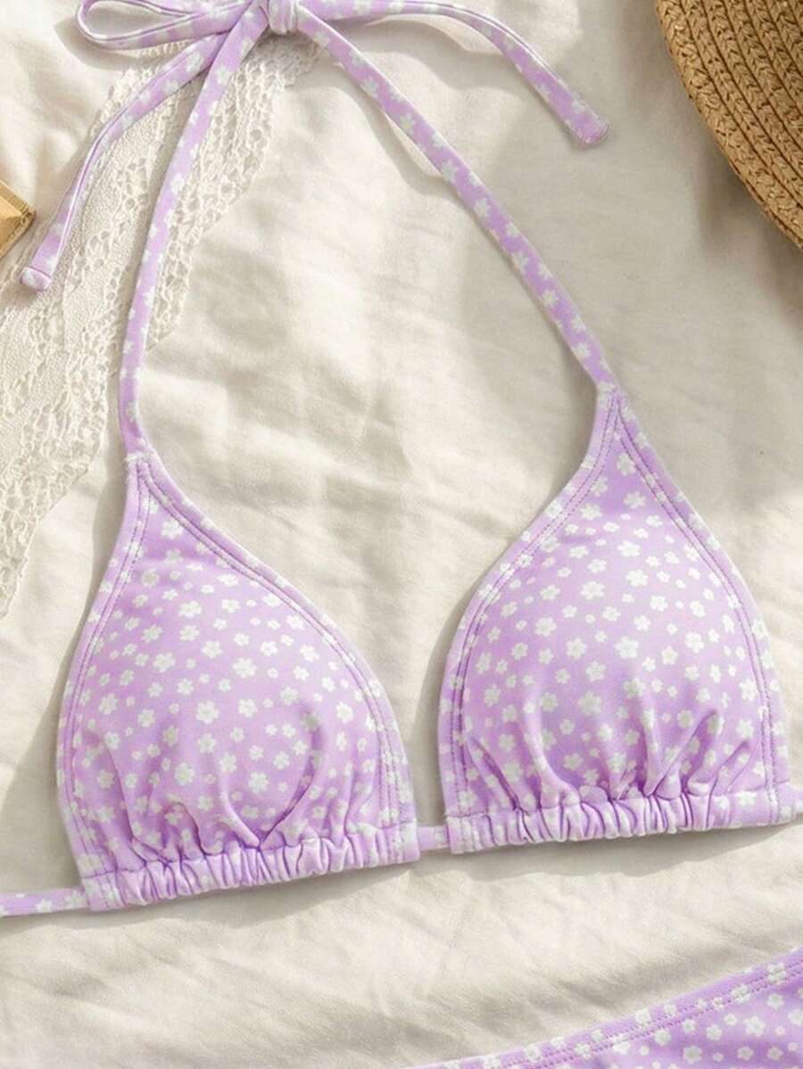 Swim Vcay Women's Summer New Contrast Color Striped Sexy Halter Triangle Cup Bikini Set