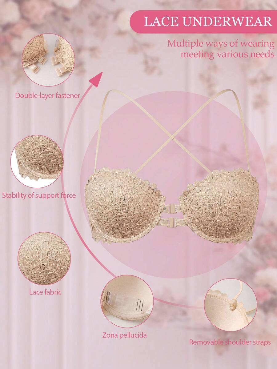 1pc Women's Underwire Front Closure Lace Bra, Sexy & Comfortable Lift And Support