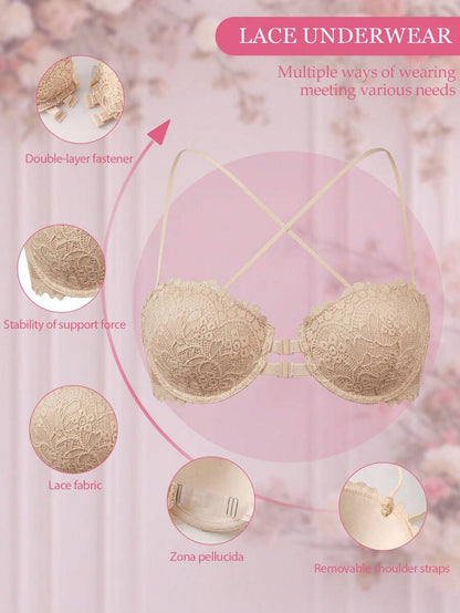 1pc Women's Underwire Front Closure Lace Bra, Sexy & Comfortable Lift And Support