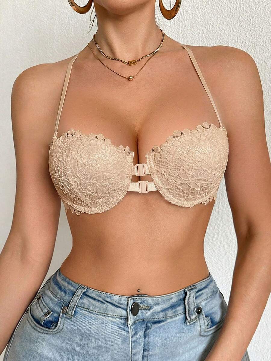 1pc Women's Underwire Front Closure Lace Bra, Sexy & Comfortable Lift And Support