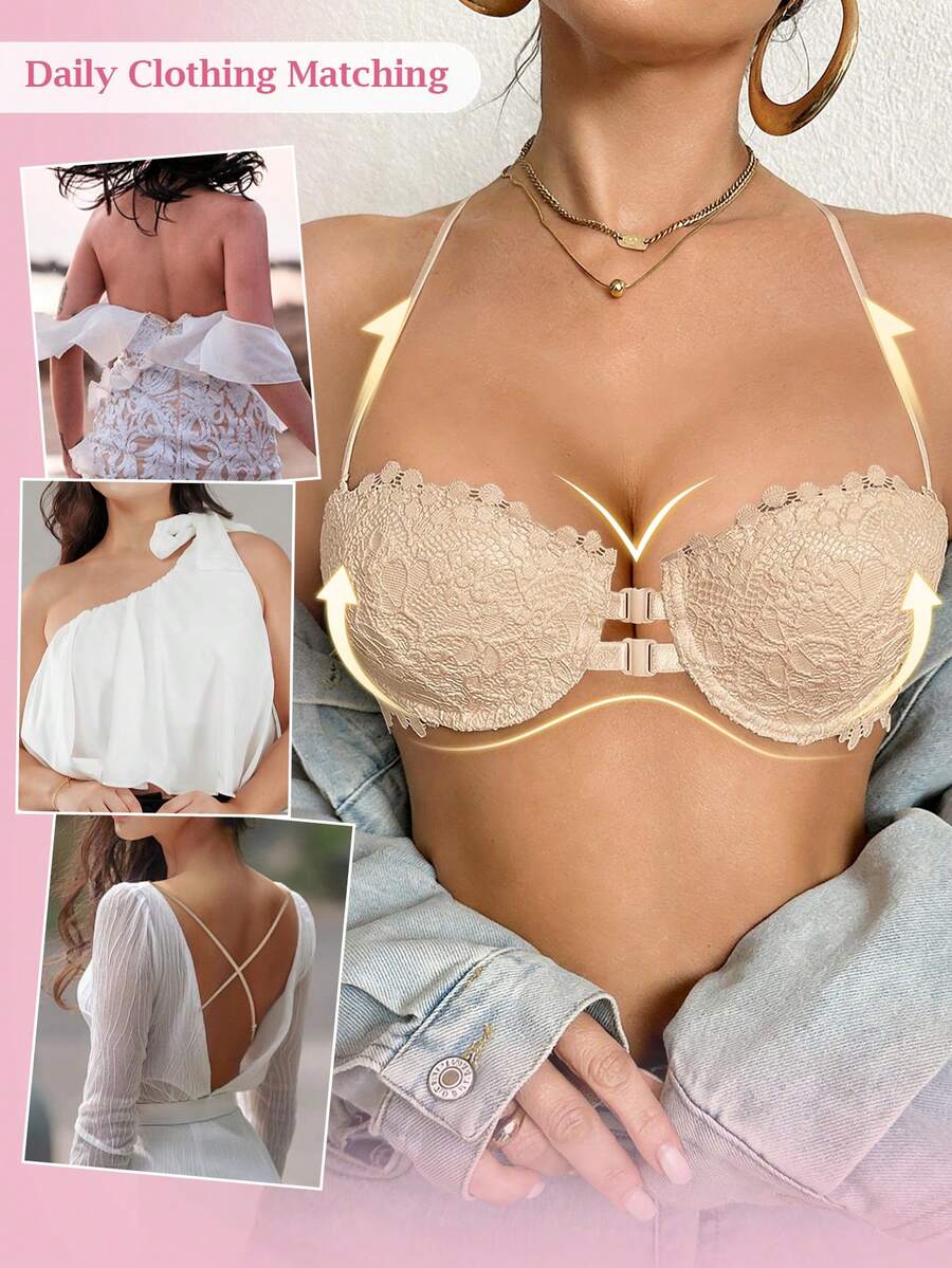 1pc Women's Underwire Front Closure Lace Bra, Sexy & Comfortable Lift And Support