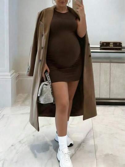 Brown Colorblock Rib-Knit Maternity Tunic Dress - Slim Fit Short Sleeve Round Neck Casual Sporty Summer Maternity Mini Dress