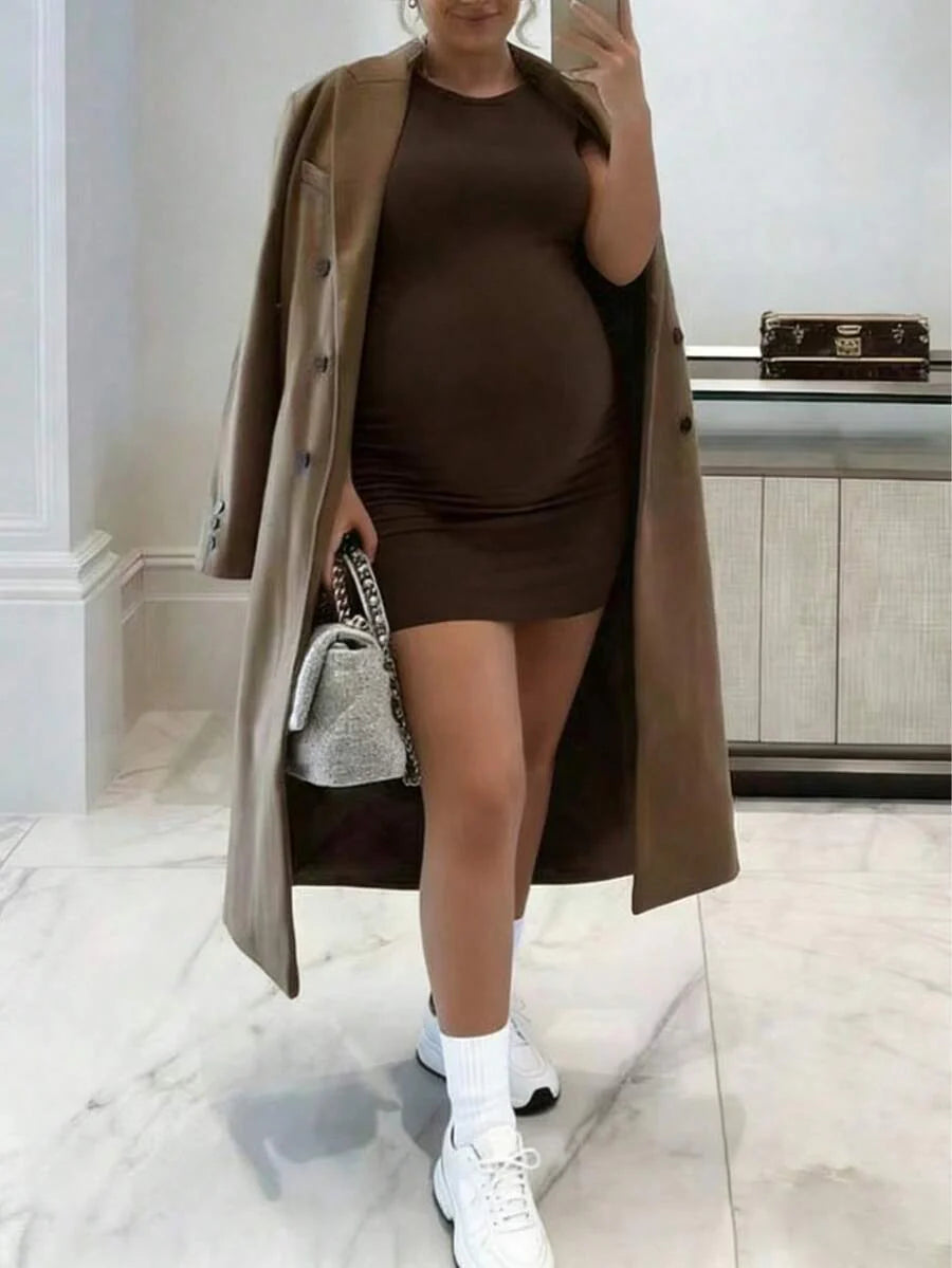 Brown Colorblock Rib-Knit Maternity Tunic Dress - Slim Fit Short Sleeve Round Neck Casual Sporty Summer Maternity Mini Dress