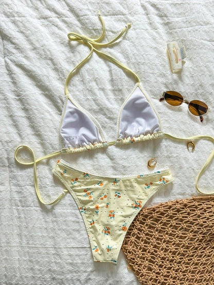 Swim Vcay Women's Tropical Floral Halter Neck Backless Sexy Bikini Set For Beach Vacation For Summer Rave Lollapalooza