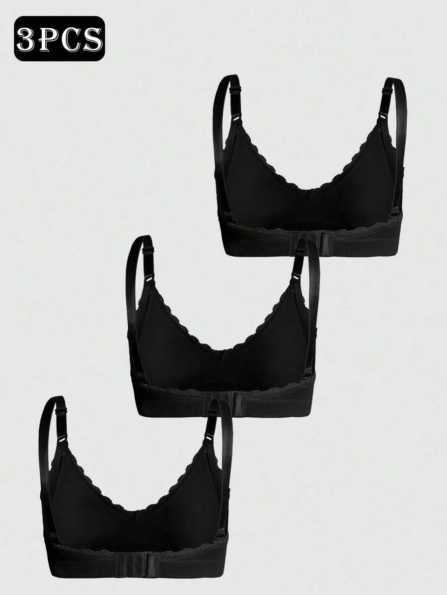 3pcs/Set Seamless Maternity Solid Color Contrast Lace Nursing Bras