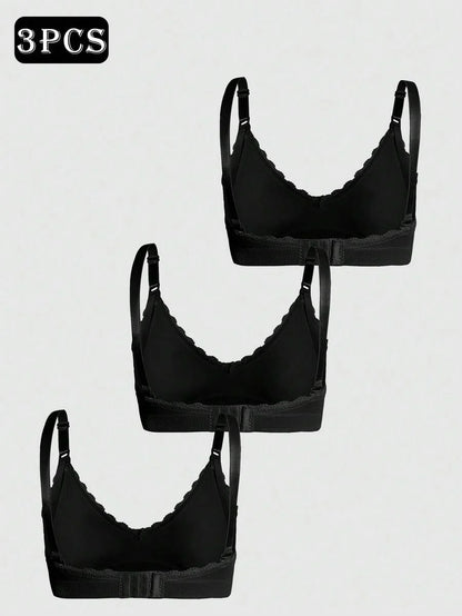 3pcs/Set Seamless Maternity Solid Color Contrast Lace Nursing Bras