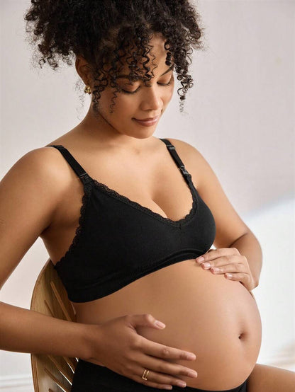 3pcs/Set Seamless Maternity Solid Color Contrast Lace Nursing Bras