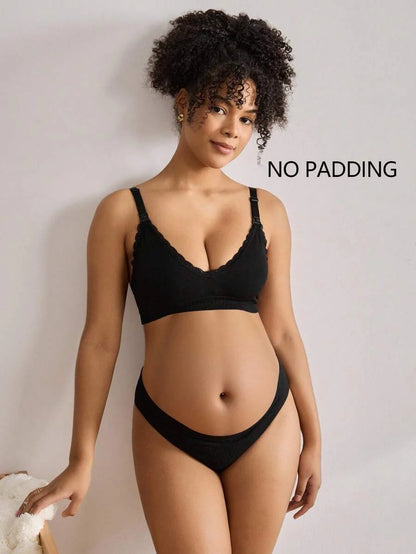 3pcs/Set Seamless Maternity Solid Color Contrast Lace Nursing Bras