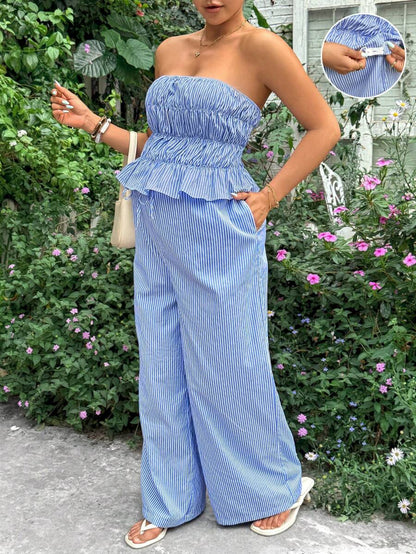 Blue and White Striped Maternity 2-Piece Set – Ruched Bandeau Strapless Top & Wide Leg Ruffle Hem Pants – Chic Summer Vacation & Casual Set