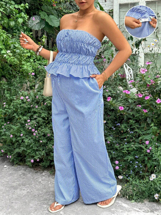 Blue and White Striped Maternity 2-Piece Set – Ruched Bandeau Strapless Top & Wide Leg Ruffle Hem Pants – Chic Summer Vacation & Casual Set