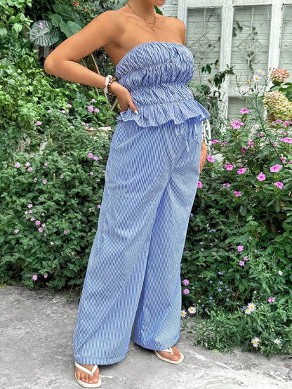 Blue and White Striped Maternity 2-Piece Set – Ruched Bandeau Strapless Top & Wide Leg Ruffle Hem Pants – Chic Summer Vacation & Casual Set