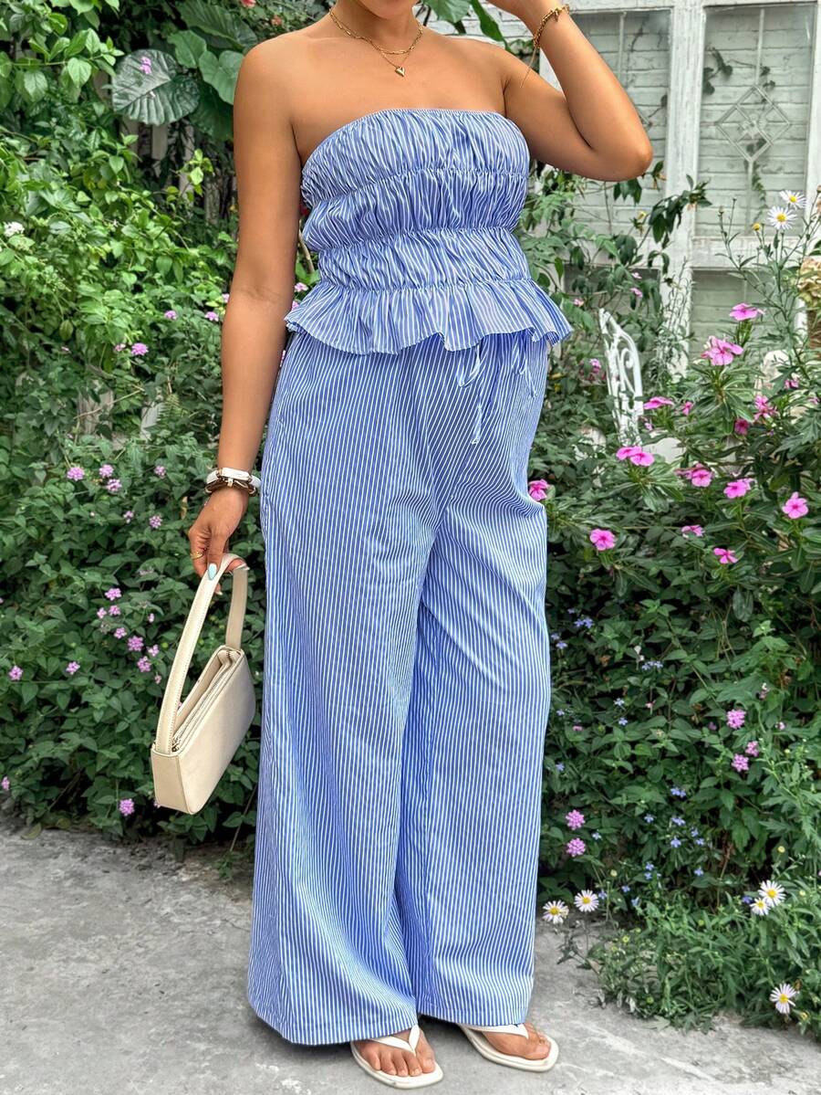 Blue and White Striped Maternity 2-Piece Set – Ruched Bandeau Strapless Top & Wide Leg Ruffle Hem Pants – Chic Summer Vacation & Casual Set
