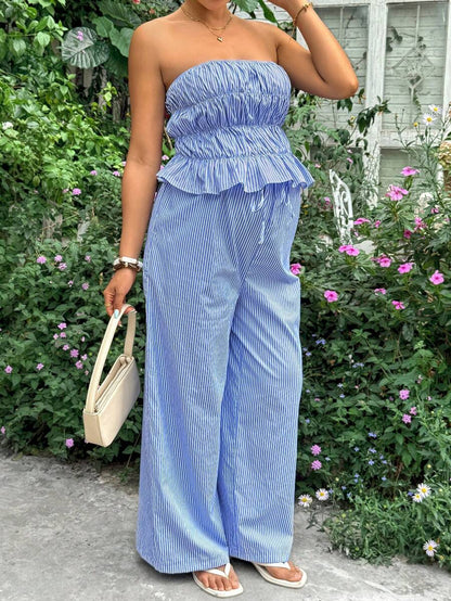Blue and White Striped Maternity 2-Piece Set – Ruched Bandeau Strapless Top & Wide Leg Ruffle Hem Pants – Chic Summer Vacation & Casual Set