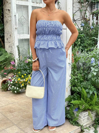 Blue and White Striped Maternity 2-Piece Set – Ruched Bandeau Strapless Top & Wide Leg Ruffle Hem Pants – Chic Summer Vacation & Casual Set