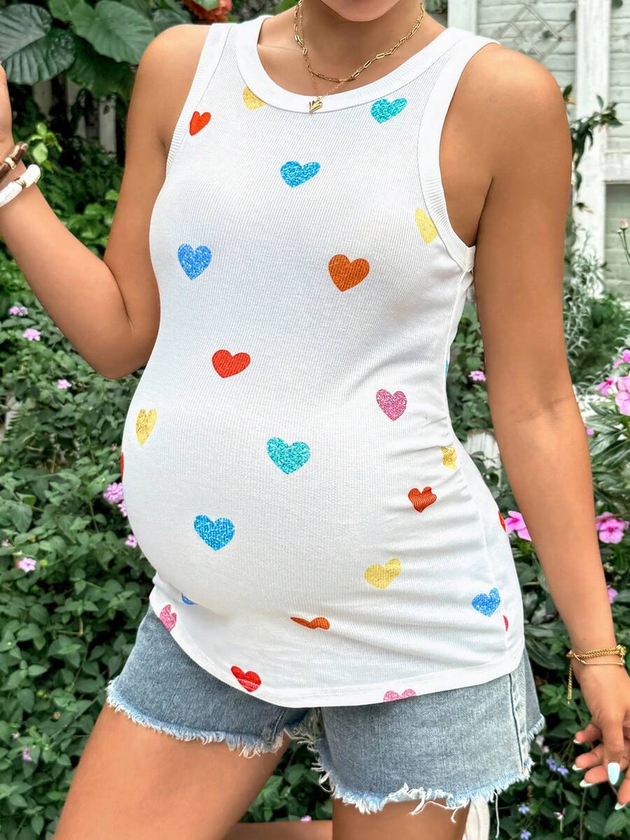 White Heart Print Maternity Tank Top - Slim Fit Round Neck Knitted Sleeveless Shirt - High Stretch Casual Beach and Baby Shower Top