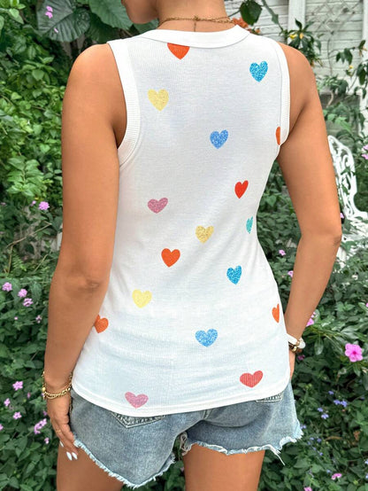 White Heart Print Maternity Tank Top - Slim Fit Round Neck Knitted Sleeveless Shirt - High Stretch Casual Beach and Baby Shower Top