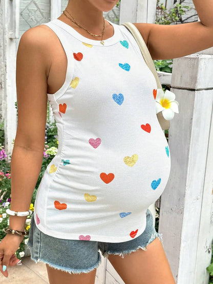 White Heart Print Maternity Tank Top - Slim Fit Round Neck Knitted Sleeveless Shirt - High Stretch Casual Beach and Baby Shower Top
