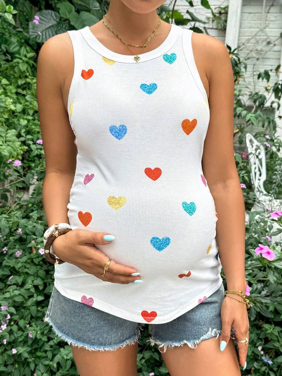 White Heart Print Maternity Tank Top - Slim Fit Round Neck Knitted Sleeveless Shirt - High Stretch Casual Beach and Baby Shower Top