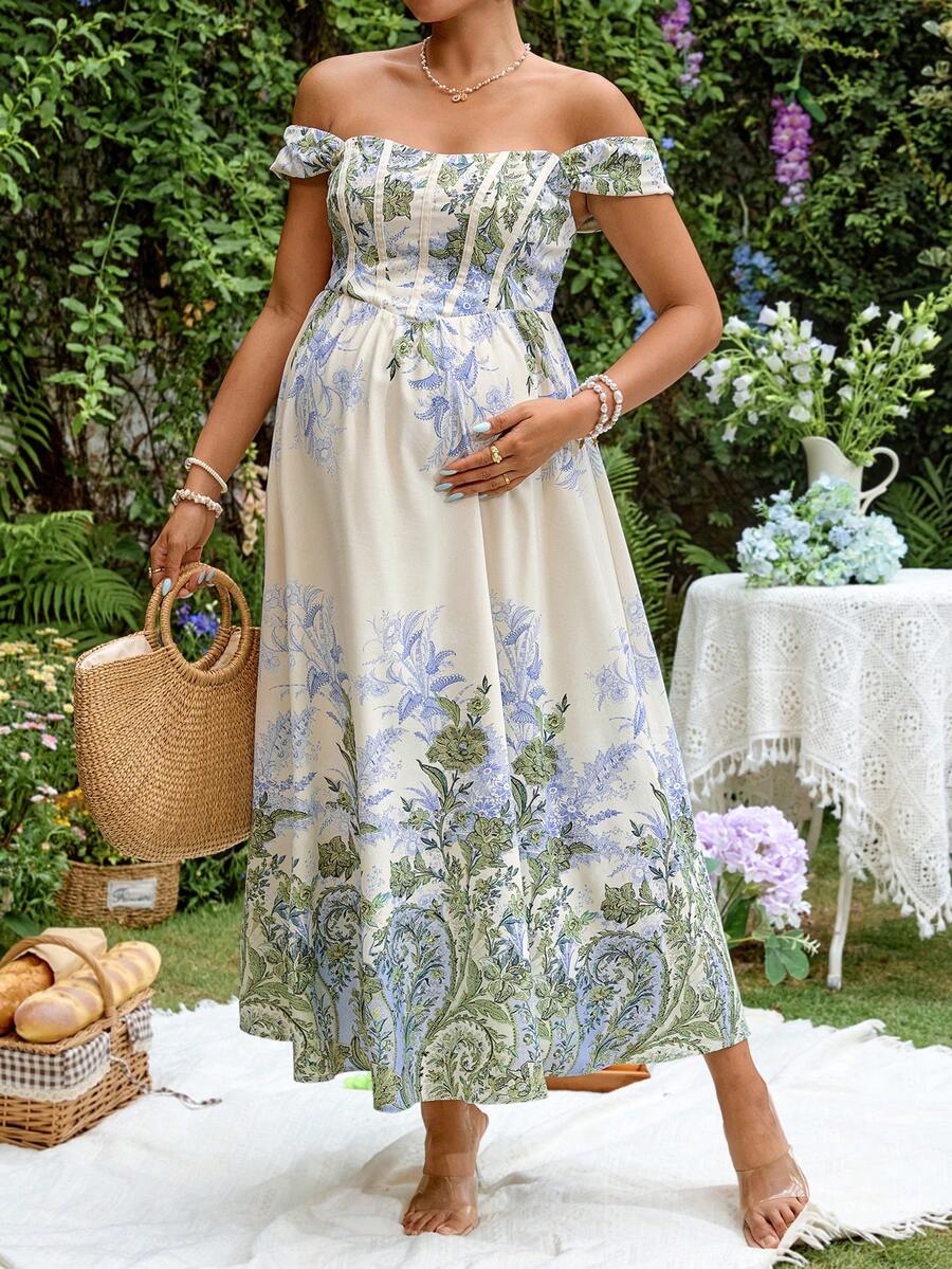 Blue and White Floral Off Shoulder Maternity Midi Dress - Elegant Puff Sleeve High Waist A-Line Party Dress - Boho Summer Vacation Outfit
