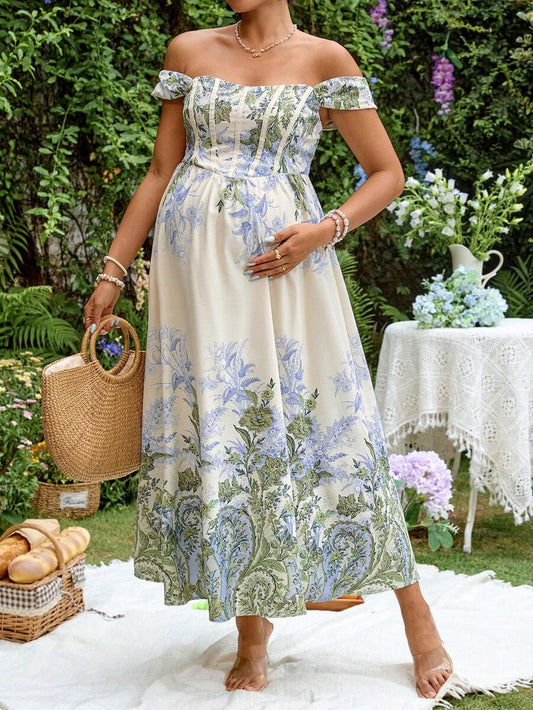 Blue and White Floral Off Shoulder Maternity Midi Dress - Elegant Puff Sleeve High Waist A-Line Party Dress - Boho Summer Vacation Outfit