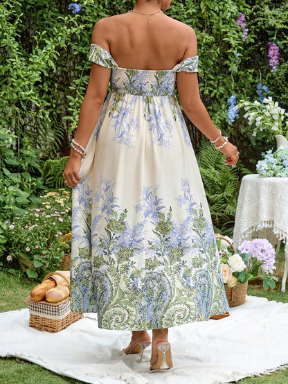 Blue and White Floral Off Shoulder Maternity Midi Dress - Elegant Puff Sleeve High Waist A-Line Party Dress - Boho Summer Vacation Outfit