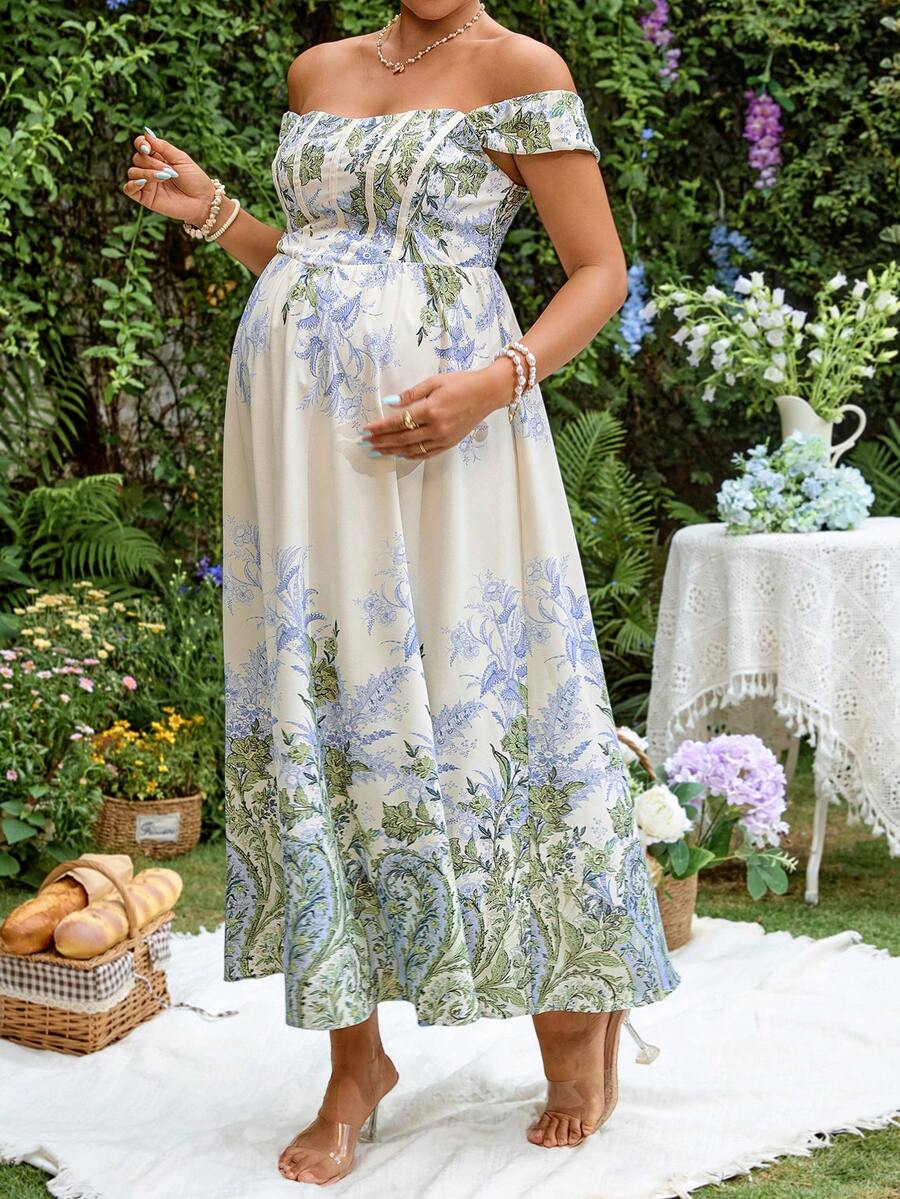 Blue and White Floral Off Shoulder Maternity Midi Dress - Elegant Puff Sleeve High Waist A-Line Party Dress - Boho Summer Vacation Outfit