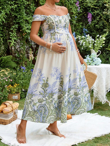 Blue and White Floral Off Shoulder Maternity Midi Dress - Elegant Puff Sleeve High Waist A-Line Party Dress - Boho Summer Vacation Outfit