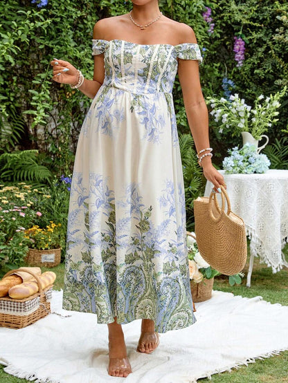 Blue and White Floral Off Shoulder Maternity Midi Dress - Elegant Puff Sleeve High Waist A-Line Party Dress - Boho Summer Vacation Outfit