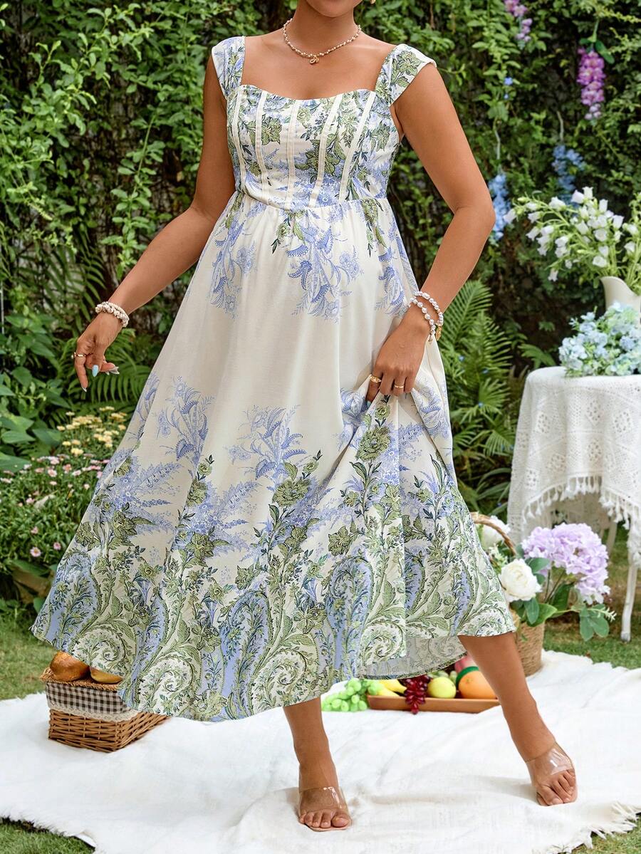 Blue and White Floral Off Shoulder Maternity Midi Dress - Elegant Puff Sleeve High Waist A-Line Party Dress - Boho Summer Vacation Outfit