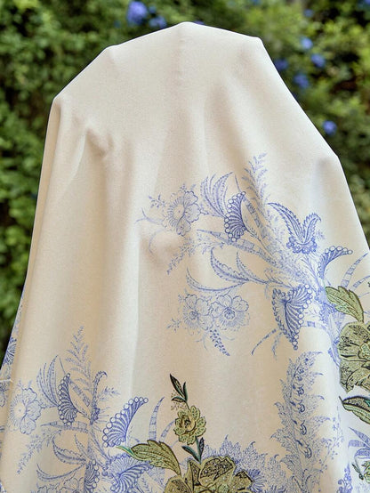 Blue and White Floral Off Shoulder Maternity Midi Dress - Elegant Puff Sleeve High Waist A-Line Party Dress - Boho Summer Vacation Outfit