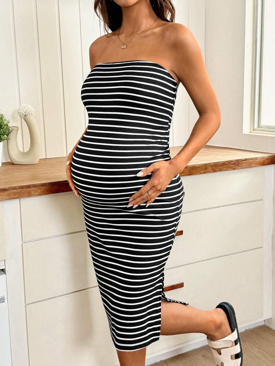 Striped Tube Top Casual Dress For Pregnant Women, Suitable For Parties, Daily Wear And Outings