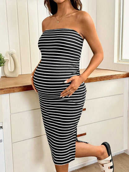 Striped Tube Top Casual Dress For Pregnant Women, Suitable For Parties, Daily Wear And Outings