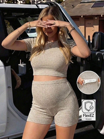 Maternity 2-Piece Lounge Set - Round Neck Crop Tee & Biker Shorts, Slim Fit, Khaki