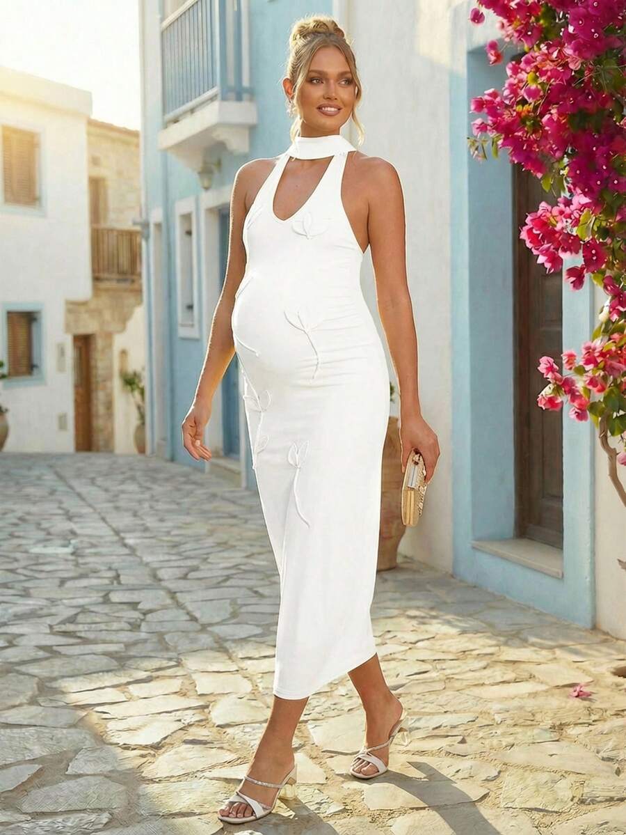 Maternity Fashion Backless Halter Dress For Baby Shower Party
