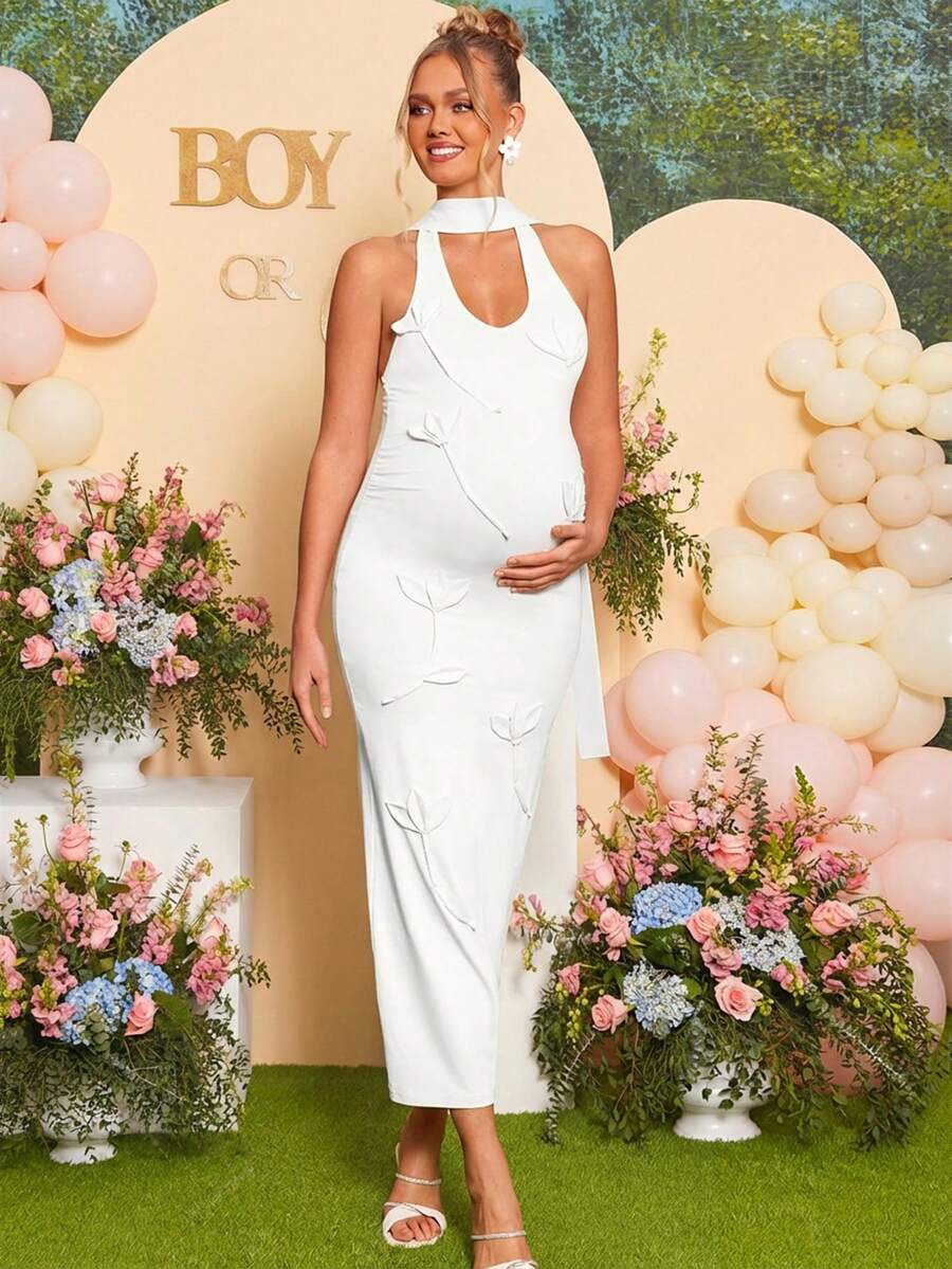 Maternity Fashion Backless Halter Dress For Baby Shower Party