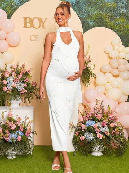 Maternity Fashion Backless Halter Dress For Baby Shower Party
