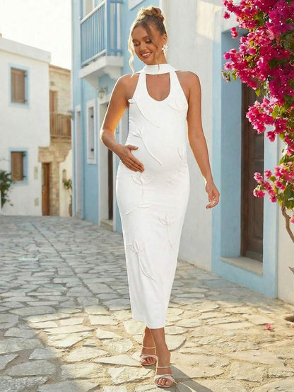 Maternity Fashion Backless Halter Dress For Baby Shower Party