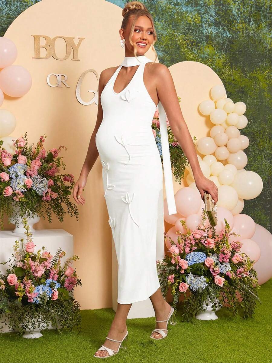 Maternity Fashion Backless Halter Dress For Baby Shower Party