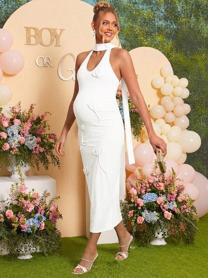Maternity Fashion Backless Halter Dress For Baby Shower Party