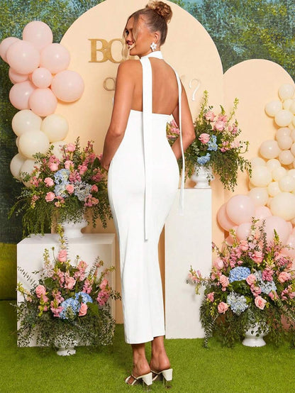 Maternity Fashion Backless Halter Dress For Baby Shower Party