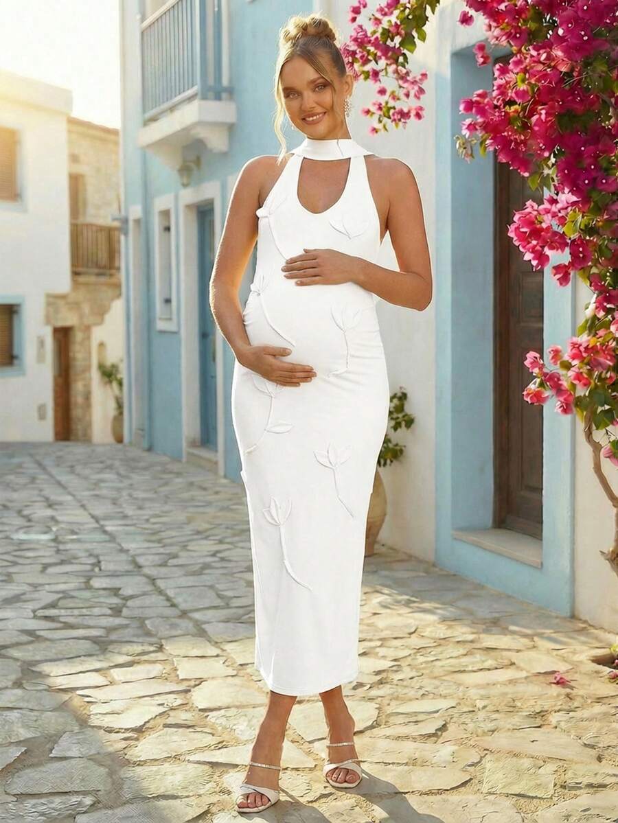 Maternity Fashion Backless Halter Dress For Baby Shower Party