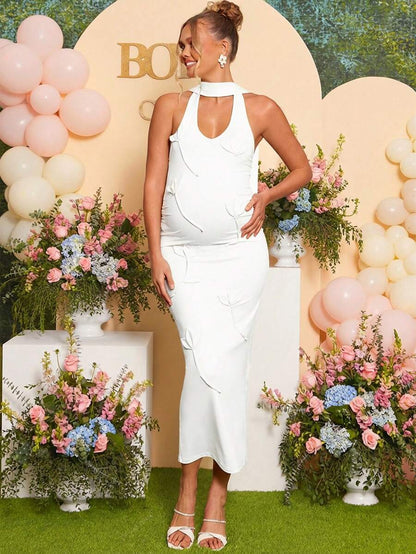 Maternity Fashion Backless Halter Dress For Baby Shower Party