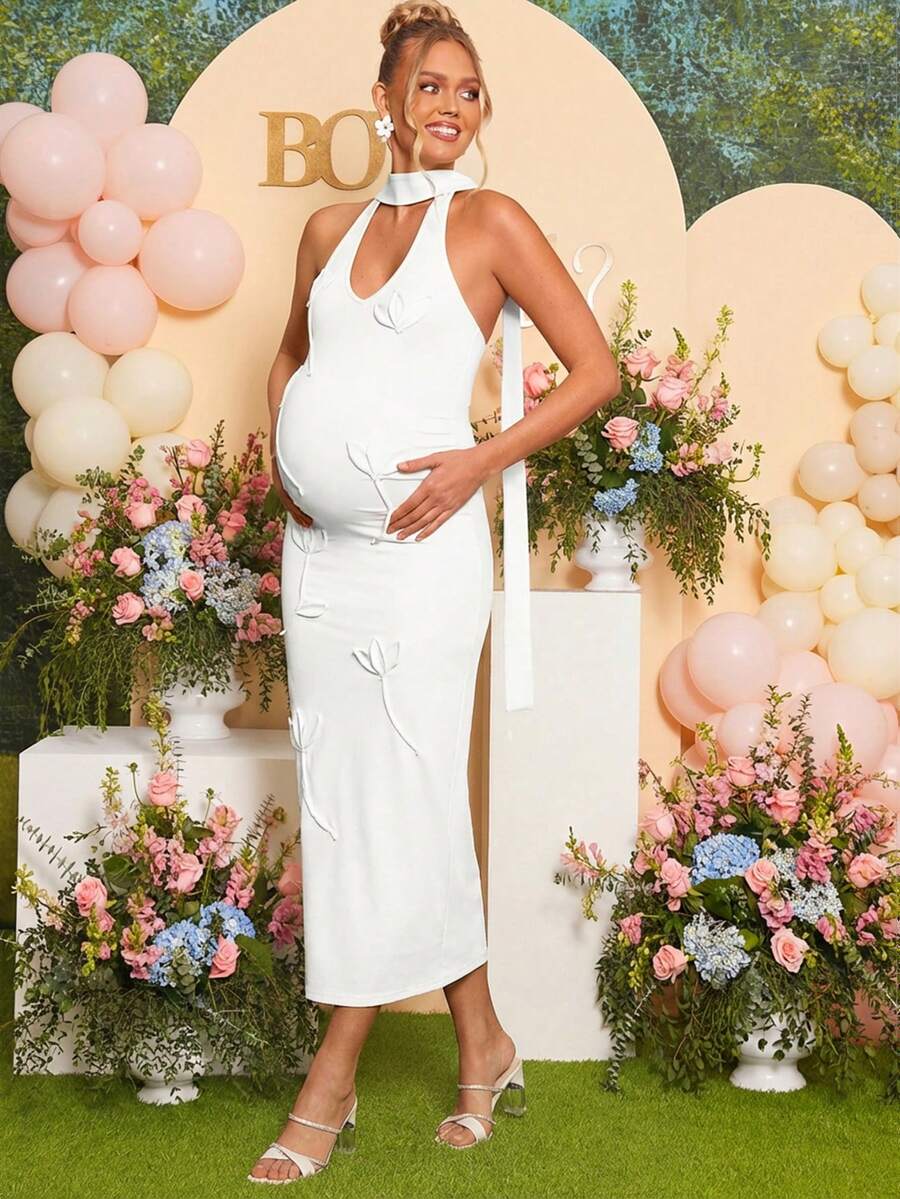 Maternity Fashion Backless Halter Dress For Baby Shower Party