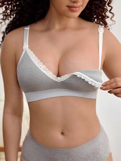 Seamless Grey Maternity Nursing Bra with Removable Padding Adjustable Straps and Low Rise Comfort Fit Wireless Knitted Design