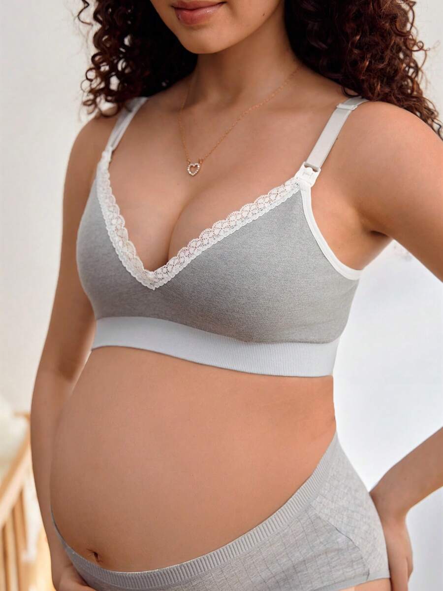 Seamless Grey Maternity Nursing Bra with Removable Padding Adjustable Straps and Low Rise Comfort Fit Wireless Knitted Design