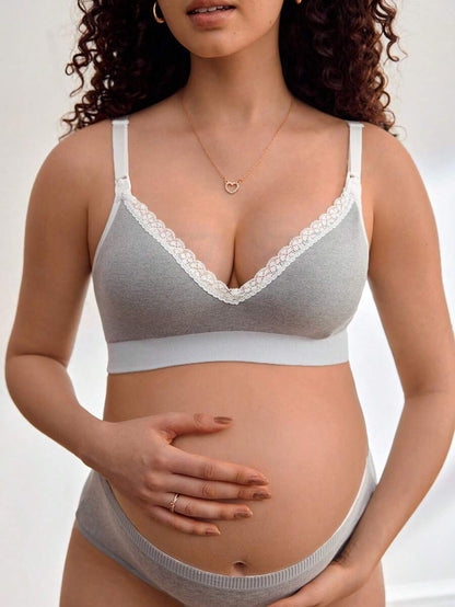 Seamless Grey Maternity Nursing Bra with Removable Padding Adjustable Straps and Low Rise Comfort Fit Wireless Knitted Design